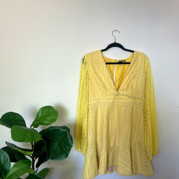 Fashion Nova Dresses & Skirts - Vibrant Yellow Lace Mini Dress with V-Neck
